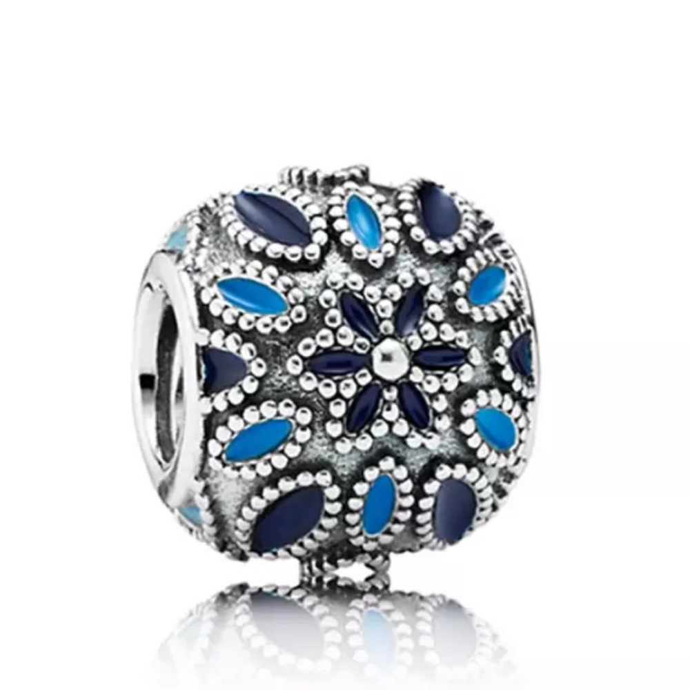 NEW•Silver & Blue enamel round DIY charm/bead